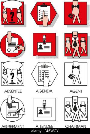 Linea di set di icone con piatto gli elementi di design di uomini di affari che per gli accordi e le riunioni. Moderno vettore pittogramma c di raccolta Illustrazione Vettoriale