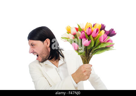 Uomo con tulip fiori isolati su bianco Foto Stock