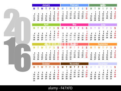 Calendario del vettore per il 2016, la settimana inizia il lunedì Foto Stock