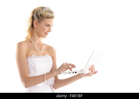 Sposa felice con il computer portatile Foto Stock