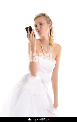 Sposa felice con il telefono cellulare Foto Stock