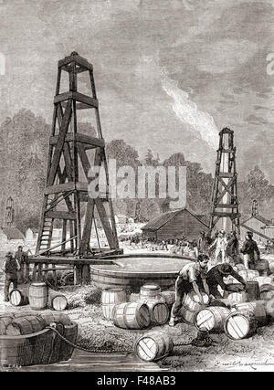 Una fonte di petrolio al petrolio Creek sul fiume Allegheny, Pennsylvania, USA nel 1858, scoperto da Edwin Laurentine Drake, aka il colonnello Drake, (1819 - 1880). Foto Stock