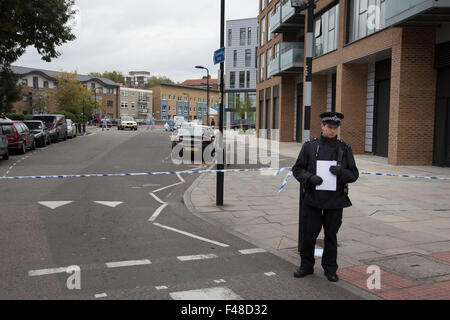 Hackney, Londra, Regno Unito. 15 ottobre, 2015. Scena del crimine dove un maschio di funzionario di polizia è stato ucciso durante una operazione di armi da fuoco in Scriven Street nella zona di Haggerston di Hackney. Una specialista di unità di armi da fuoco e i funzionari di Trident criminalità Area di comando, che è responsabile per la lotta contro le bande criminali sono state conducendo un operazione in Scriven Street al momento della ripresa. Credito: Michael Kemp/Alamy Live News Foto Stock