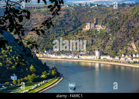 Burg Katz castello, al di sopra di San Goarshausen, Rheingau, il sito Patrimonio Mondiale dell'UNESCO, Valle del Reno superiore e centrale Foto Stock