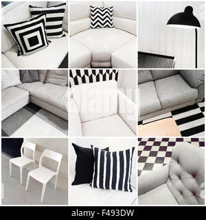 Interni con in bianco e nero di mobili. Collage di nove foto. Foto Stock