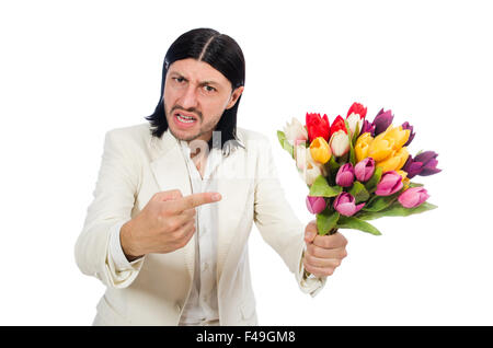 Uomo con tulip fiori isolati su bianco Foto Stock