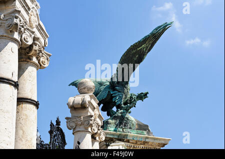 Un aquila scultura sulla parete del Palazzo Reale sulla Collina del Castello, Budapest, Ungheria. Foto Stock