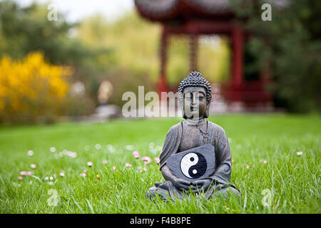 Yin e Yang segno con la statua del Buddha Foto Stock