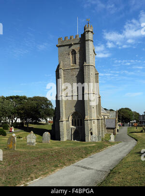 Pendente torre della chiesa in Burnham on-Mare, Somerset, Inghilterra, Regno Unito Foto Stock