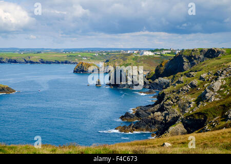 Vista di Cornish Coast da South West Coast Path a Mullion, penisola di Lizard, Cornwall, Regno Unito Foto Stock