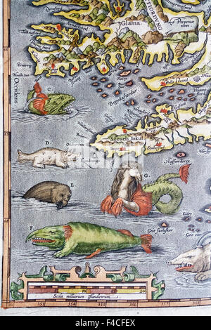 Un dettaglio di una mappa di Islanda, completo di mostri marini, da una raccolta di mappe di Abraham Ortelius (il Theatrum Orbis Terrarum) pubblicato nel 1590. L'originale è pensato per essere stata prelevata dal vescovo Gudbrandur. Questa copia è nella biblioteca della Cattedrale di Wells, Regno Unito. Foto Stock