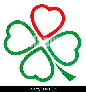 Quadrifoglio realizzato di un cuore rosso e verde tre cuori. Immagine su sfondo bianco. Foto Stock