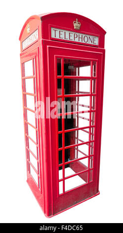 British telefono rosso box isolati su sfondo bianco Foto Stock