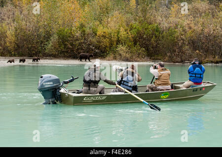 Una barca piena di fotografi a fotografare un orso grizzly sow e cubs a Crescent Lake in Il Parco Nazionale del Lago Clark, Alaska, STATI UNITI D'AMERICA Foto Stock