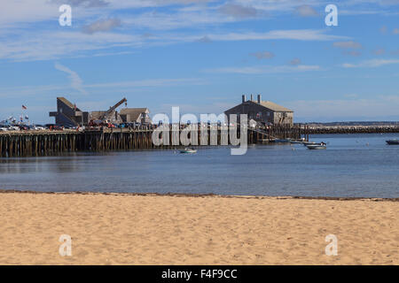 A Provincetown, Massachusetts, Cape Cod pier e spiaggia e vista oceano. Foto Stock