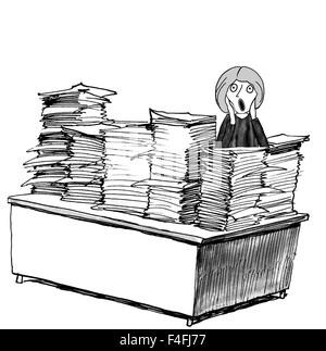 Professional cartoon mostra donna urlando perché la sua scrivania è riempito con pile e pile di carta. Foto Stock