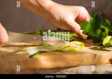 Il prezzemolo e l'aneto sul tagliere di legno. Preparazione di insalata di verdure e ortaggi freschi/insalata fresca con olio d'oliva Foto Stock