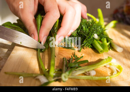 Il prezzemolo e l'aneto sul tagliere di legno. Preparazione di insalata di verdure e ortaggi freschi/insalata fresca con olio d'oliva Foto Stock