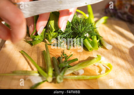 Il prezzemolo e l'aneto sul tagliere di legno. Preparazione di insalata di verdure e ortaggi freschi/insalata fresca con olio d'oliva Foto Stock