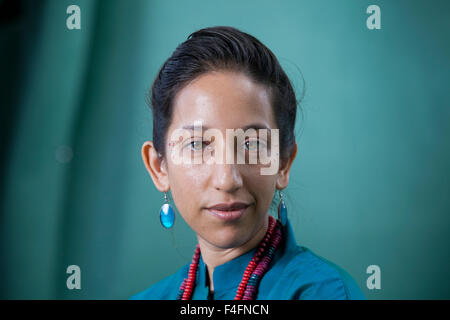 Bidisha, il British Indian emittente e giornalista, all'Edinburgh International Book Festival 2015. Foto Stock