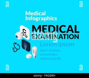 Delle cure mediche ed infografico impostato con isometrica Icone piana, esame medico concept Illustrazione Vettoriale