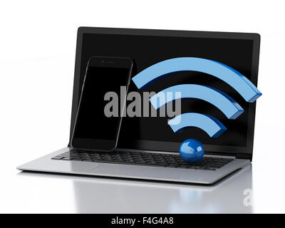3D renderer immagine. Pc portatili e smartphone. Rete Wifi concetto. Isolato sullo sfondo bianco. Foto Stock