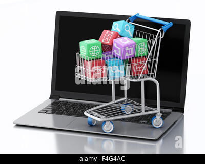 3D renderer immagine. Pc Laptop con le icone delle applicazioni nel carrello. Negozio di computer portatile di software su sfondo bianco Foto Stock