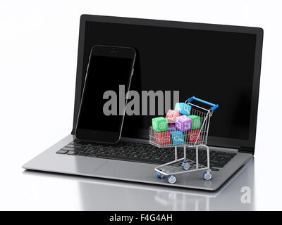 3D renderer immagine. Pc portatili e smartphone con le icone delle applicazioni nel carrello. Negozio di computer portatile di software su sfondo bianco Foto Stock