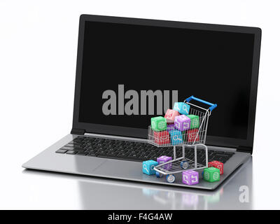 3D renderer immagine. Pc Laptop con le icone delle applicazioni nel carrello. Negozio di computer portatile di software su sfondo bianco Foto Stock