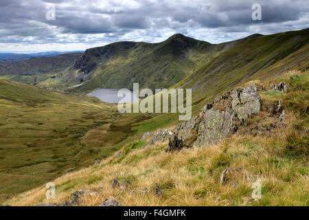 Estate vista sul piccolo acqua e Scafell serbatoio, Parco Nazionale del Distretto dei Laghi, Cumbria, England, Regno Unito Foto Stock