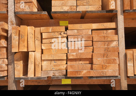 Numerate listoni di legno accatastati al mulino di legname in Ontario, Canada Foto Stock