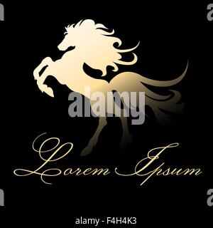 Esecuzione di stallone o mustang emblema.silhouette di cavalli su sfondo nero e il campione di testo. Illustrazione Vettoriale