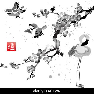 Scheda con sakura nell'uccello e fenicotteri. Disegnate a mano con inchiostro. Tradizionale della pittura giapponese. Illustrazione Vettoriale. Hieroglyph Illustrazione Vettoriale