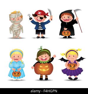 Cartoon carino Halloween Kids in Trick or Treat costumi, illustrazione vettoriale. Illustrazione Vettoriale