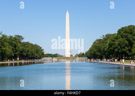 Il Monumento di Washington si riflette nel Lincoln Memorial riflettendo la piscina sul National Mall di Washington DC. Foto Stock
