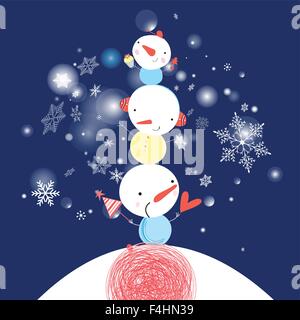 Luminose funny greeting card con un pupazzo di neve su uno sfondo blu con i fiocchi di neve Illustrazione Vettoriale