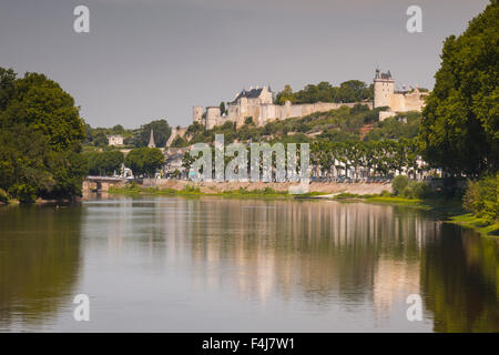 Guardando in giù il fiume Vienne verso la città e il castello di Chinon, Indre et Loire, Francia, Europa Foto Stock