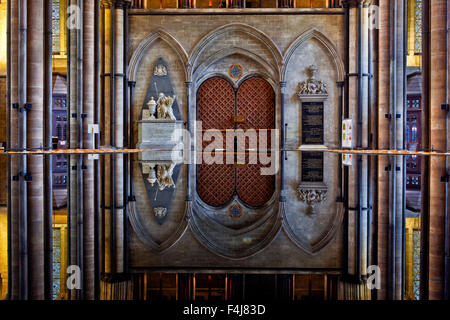 Guardando attraverso le acque ferme del font nella Cattedrale di Salisbury, Salisbury, Wiltshire, Inghilterra, Regno Unito, Europa Foto Stock