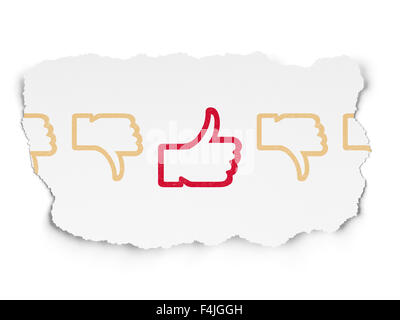 Rete sociale concetto: thumb up icona sulla carta strappata sfondo Foto Stock