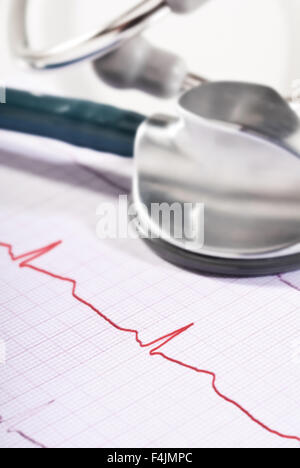 Uno stetoscopio giacente sulla stampa di un ECG. Foto Stock