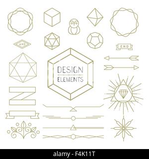 Gli elementi di design set linea mono outline stile. Include i badge di geometria, scritte simboli, segni e icone. EPS10 vettore. Illustrazione Vettoriale