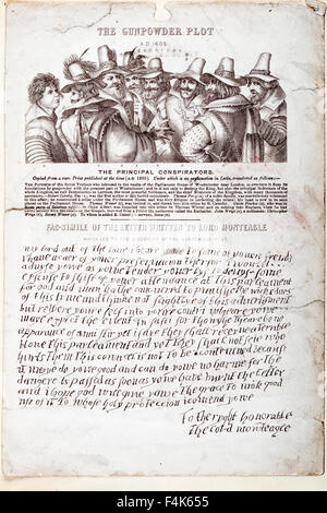 Un facsimile della lettera originale a Lord Monteagle che tradì la cospirazione della Gunpowder Plot per far saltare in aria il Parlamento nel 1605, insieme a un'incisione contemporanea dei cospiratori. Guy (Guido) Fawkes è il terzo da destra Foto Stock