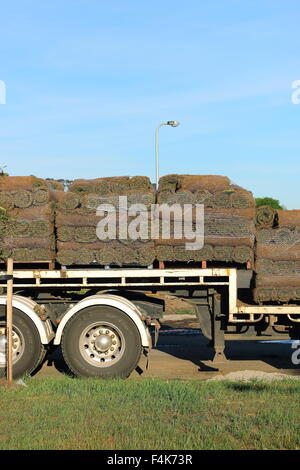 Zolle d'erba rotoli impilati insieme su un carrello pronto per la consegna Foto Stock