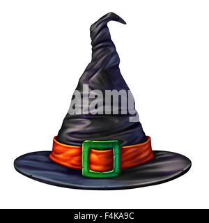 Strega hat isolato su uno sfondo bianco come un mistico spooky dimensionale testa nera indumento per uno stregone o maga halloween elemento grafico di una stagione carattere magico. Foto Stock