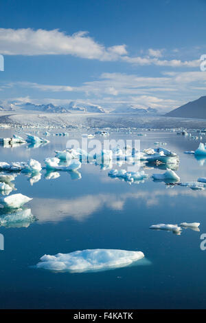 Iceberg di Jokulsarlon laguna, al di sotto del ghiacciaio Breidamerkurjokull. Vatnajokull National Park, Sudhurland, Islanda. Foto Stock