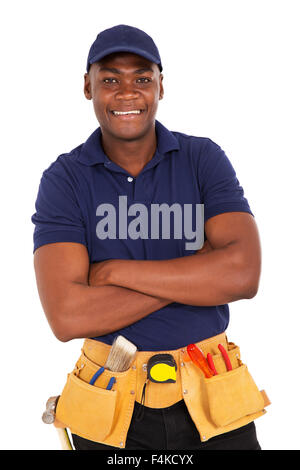 Sorridente giovane africana repairman guardando la telecamera Foto Stock