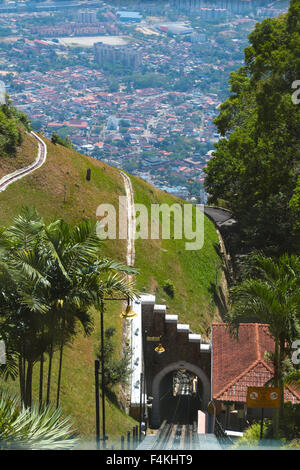 Salendo al Colle Penang all'interno di un tram a Penang in Malesia. Foto Stock