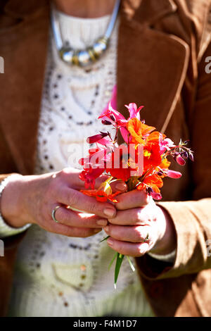 Donna picking nasturtium fiori per fare floreali posies autunno Foto Stock