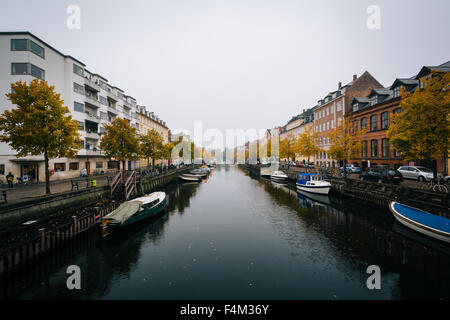 Colore di autunno e barche lungo il canale Christianshavn, in Christianshavn, Copenhagen, Danimarca. Foto Stock