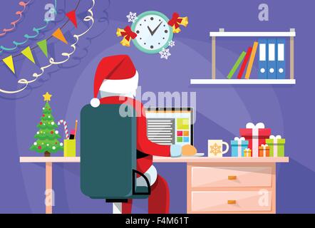 Babbo Natale una scrivania utilizzando Laptop Internet Indietro vista posteriore vacanze di Natale Illustrazione Vettoriale